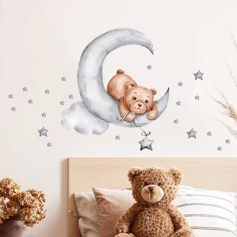 SIPO naklejki na ścianę z misiem na księżycu, jasna dekoracja do pokoju dziecka w stylu soft.