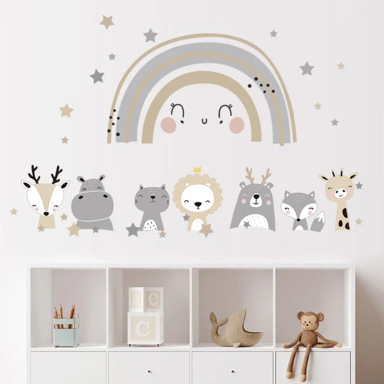 SIPO naklejki na ścianę z pastelową tęczą i zwierzątkami, subtelna ozdoba do pokoju dziecięcego.