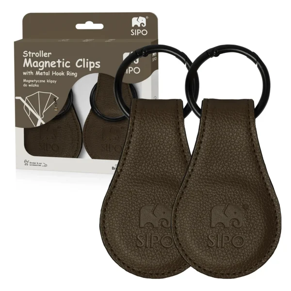 Sipo magnetic stroller clips – brown clip attached to the stroller