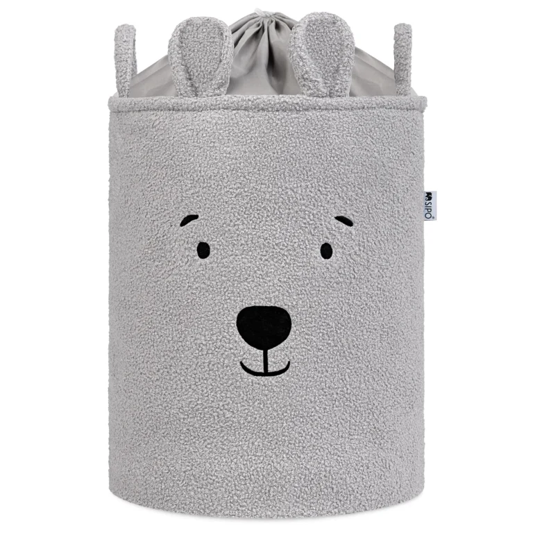 sipo toy storage basket grey bear front view with drawstring liner isolated on light background