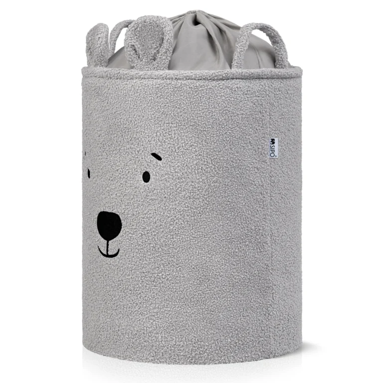 sipo toy storage basket grey bear with drawstring liner isolated on light background