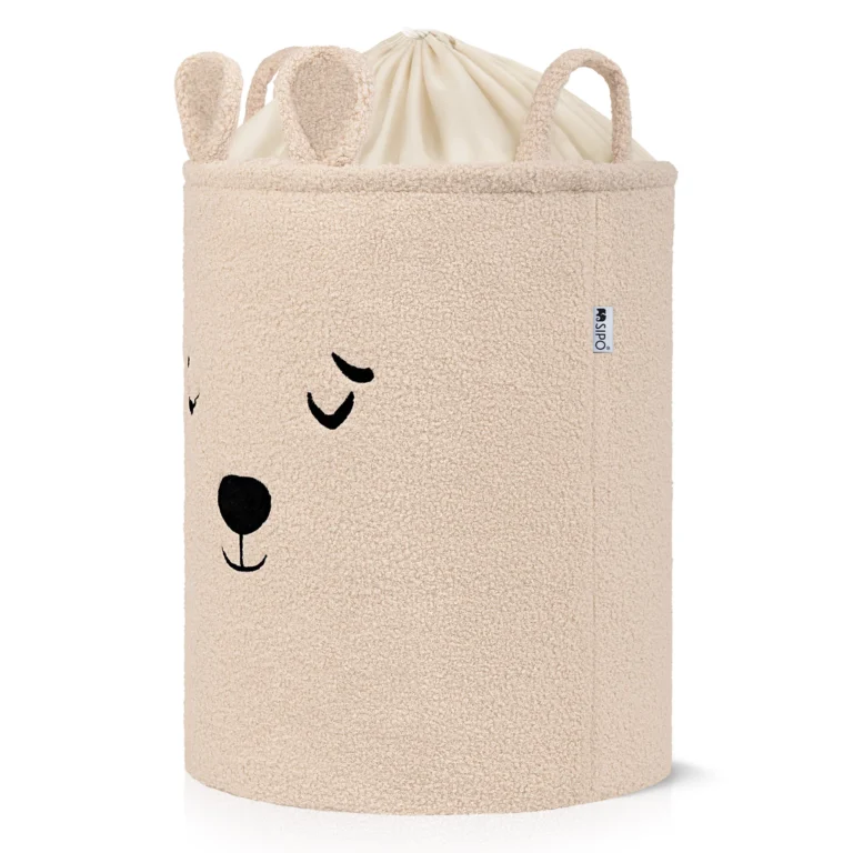 SIPO beige premium boucle toy basket in bear design, soft storage bin with side profile.