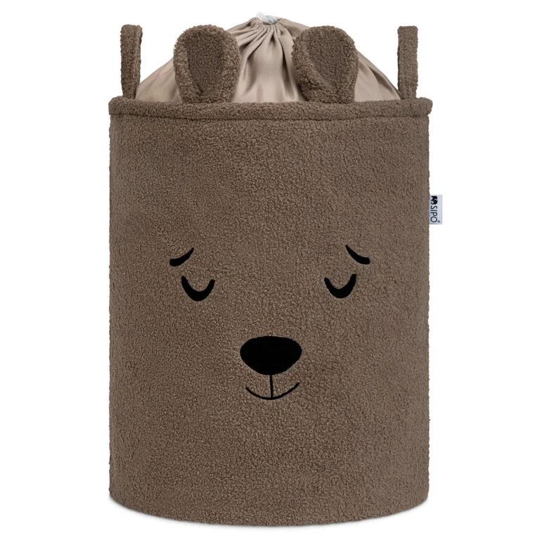 sipo toy storage basket brown bear front view with drawstring liner isolated on light background