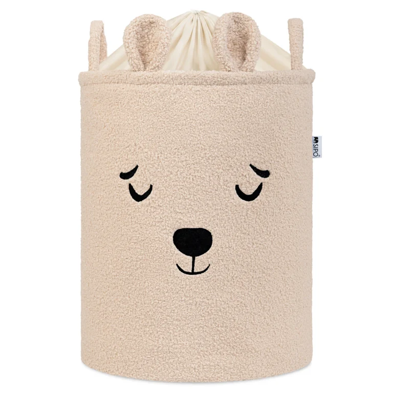 SIPO premium boucle toy storage basket beige bear, decorative organizer with drawstring liner.
