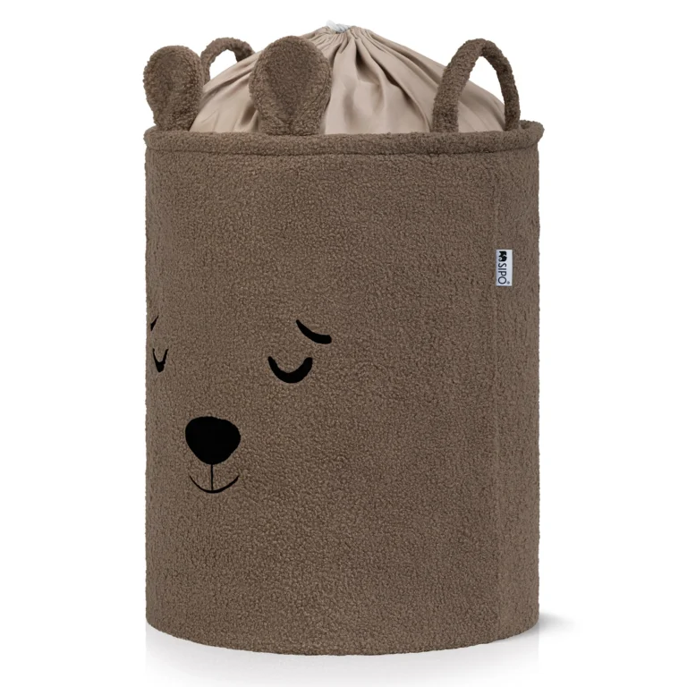 sipo toy storage basket xl premium boucle edition brown bear angled product view with closed inner liner