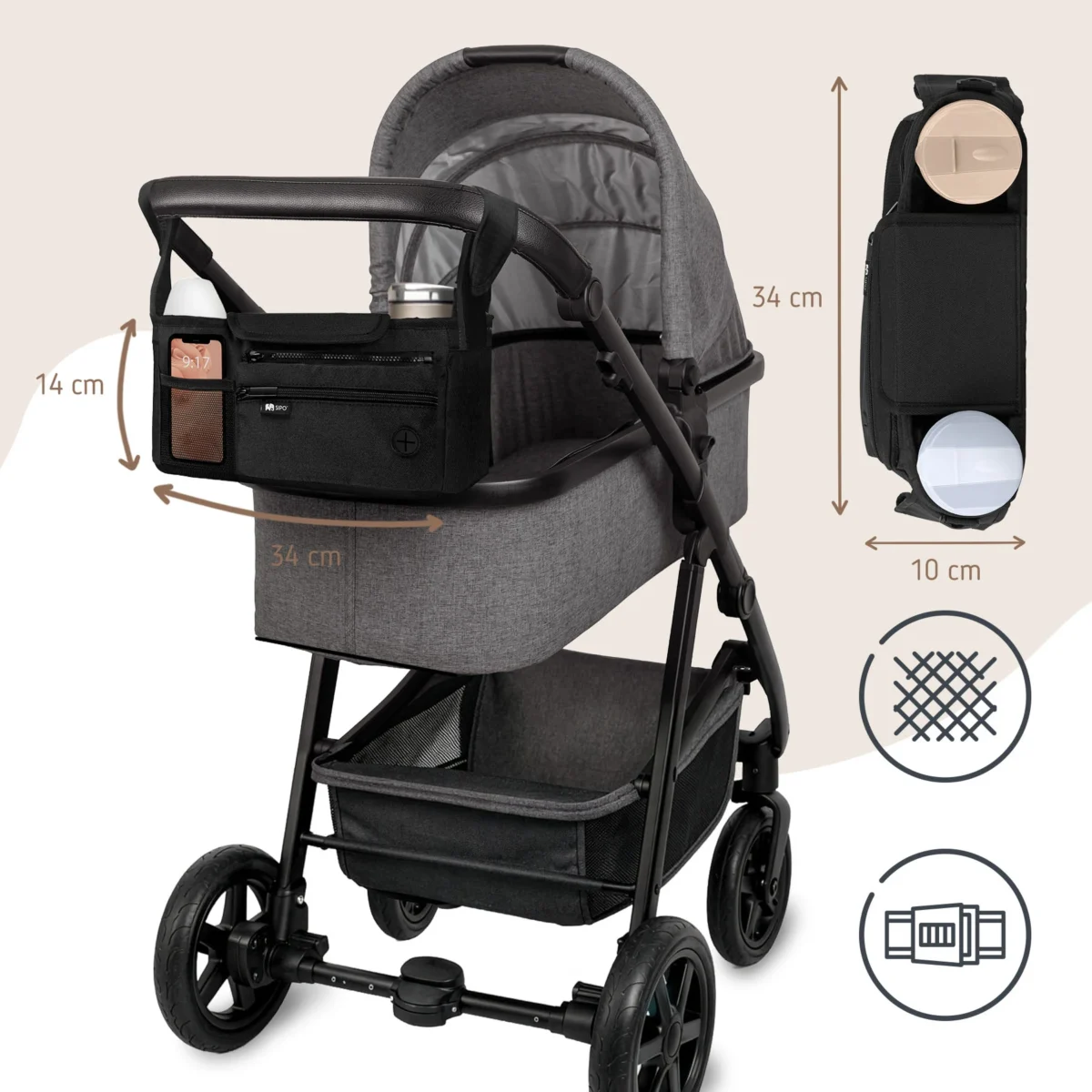SIPO organizer do wózka z przegródkami uchwytami na kubki i wymiarami 34 x 14 x 10 cm