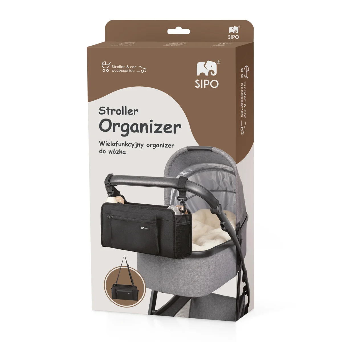 Brązowo-białe opakowanie organizera SIPO ze zdjęciem produktu zamocowanego na wózku i w wersji torby na ramię.