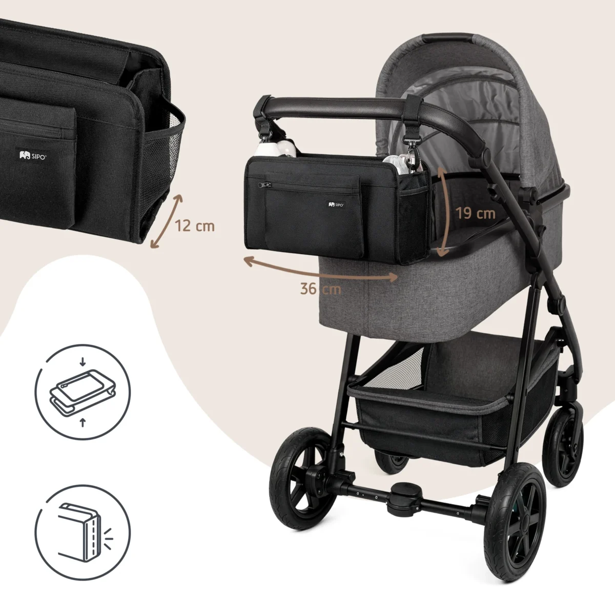 Organizer SIPO na wózku z oznaczeniami wymiarów: szerokość 36 cm, wysokość 19 cm i głębokość 12 cm.