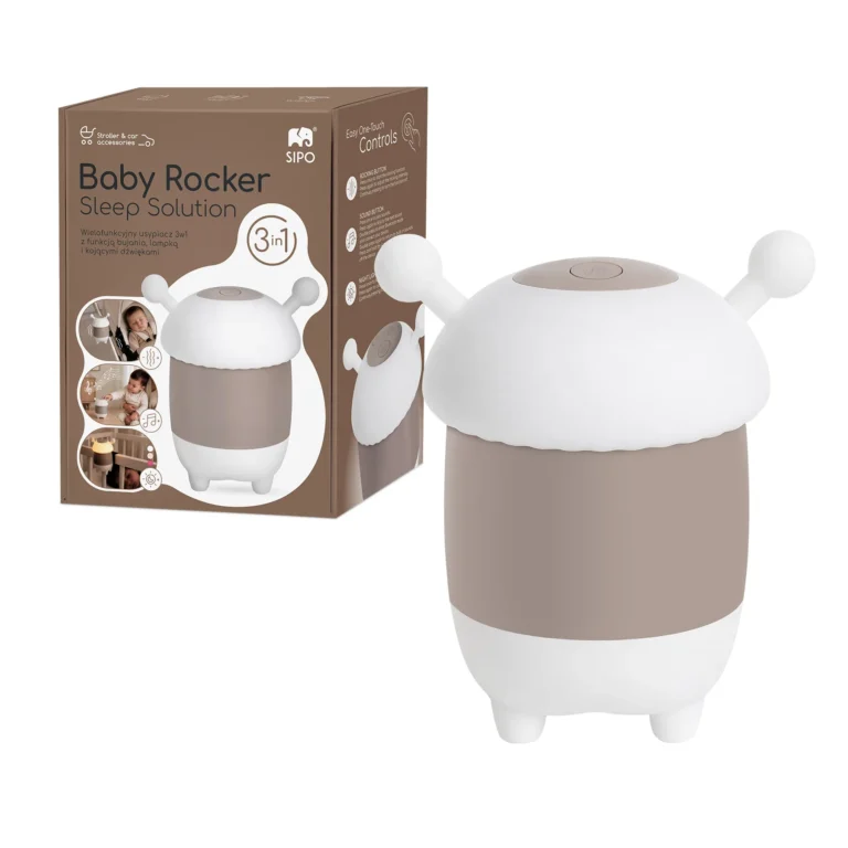 Biało-beżowy bujak do wózka SIPO Baby Rocker 3w1 Pszczółka z opakowaniem na białym tle.