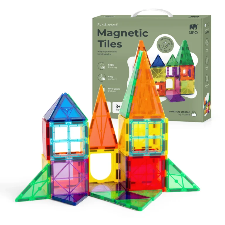 Colorful castle with triangular roofs built from SIPO Magic Castles magnetic tiles.