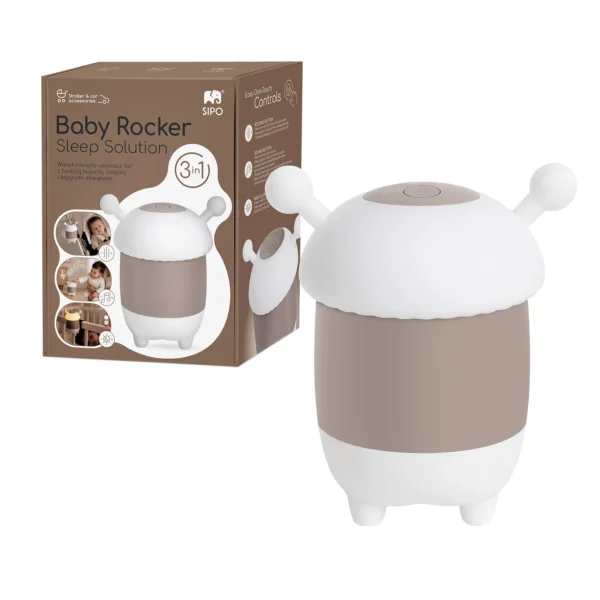 A white and beige SIPO Baby Rocker 3-in-1 Bee pram rocker, shown with its packaging against a white background.