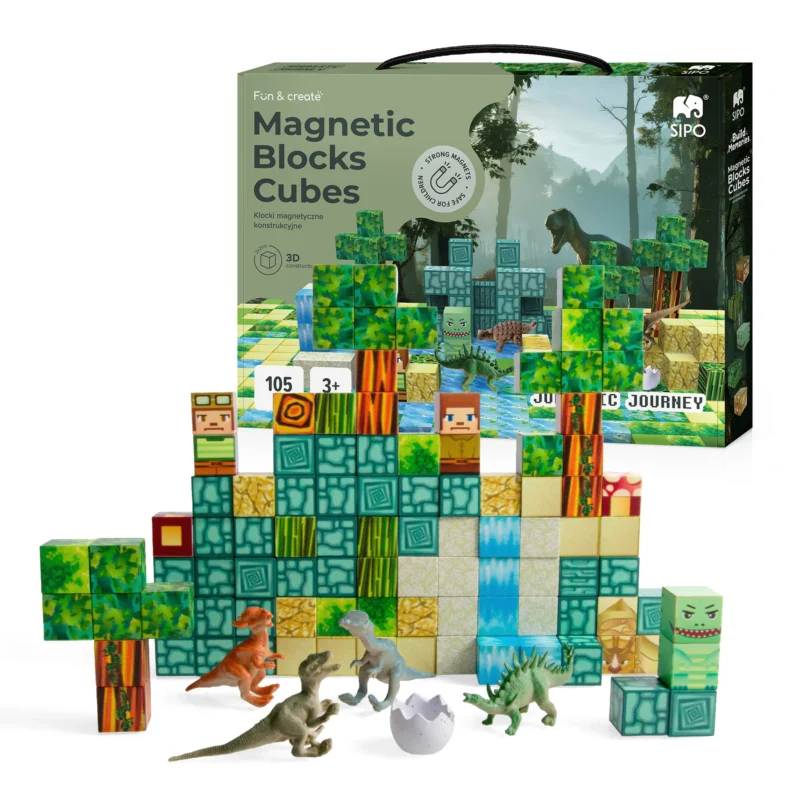 Klocki magnetyczne SIPO Cubes 3D Jurassic Journey, zestaw 105 elementów – konstrukcja z dinozaurami i opakowanie.