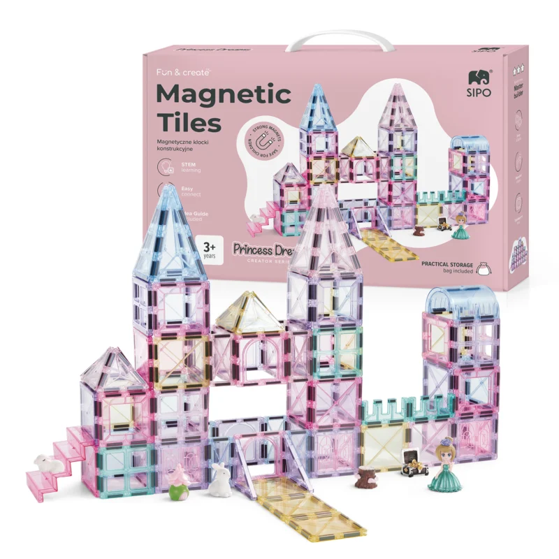 Klocki magnetyczne SIPO Princess Dreams, 100 elementów – pastelowy zamek z figurkami i opakowanie.