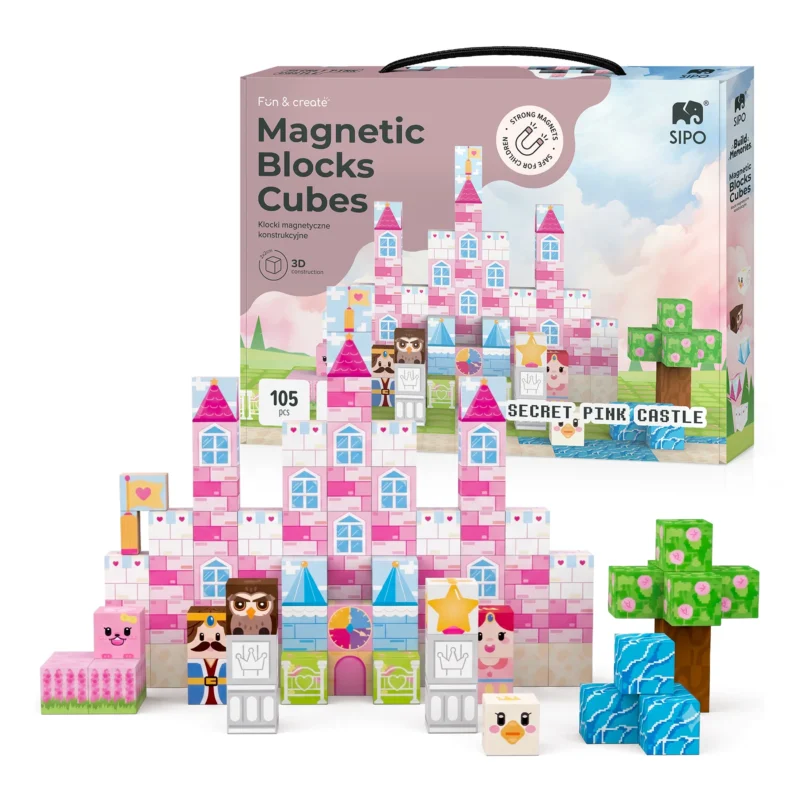Klocki magnetyczne SIPO Cubes 3D Secret Pink Castle, zestaw 105 elementów – różowy zamek z otoczeniem i opakowanie.