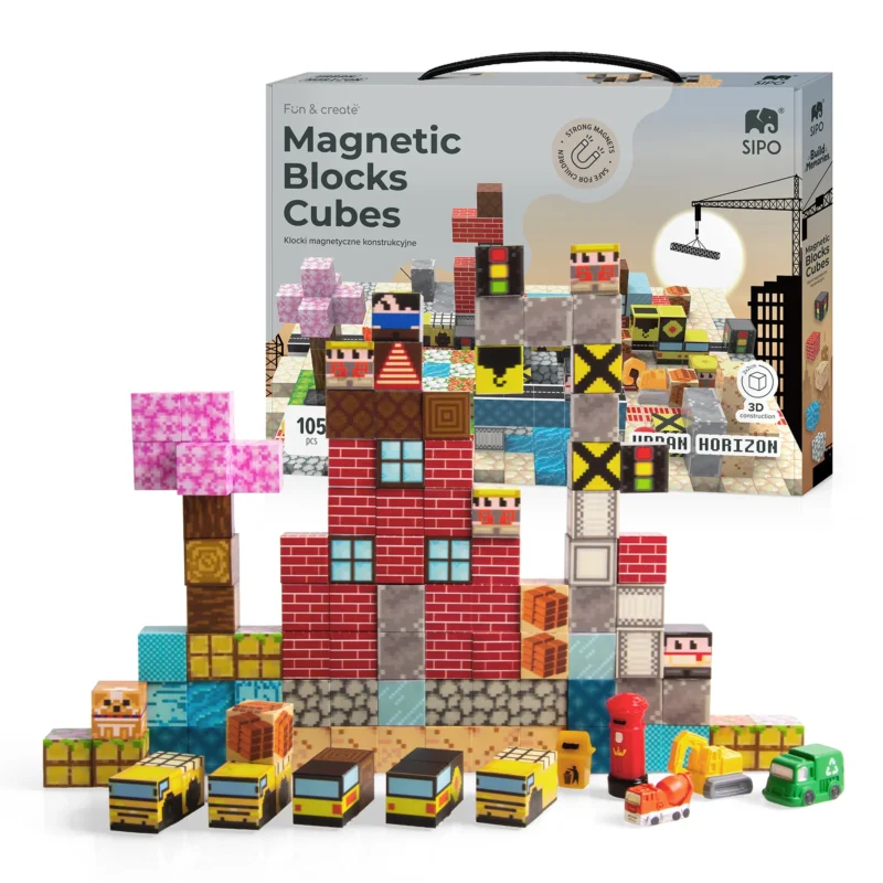 Klocki magnetyczne SIPO Cubes 3D Urban Horizon, zestaw 105 elementów – miasto z pojazdami i opakowanie.