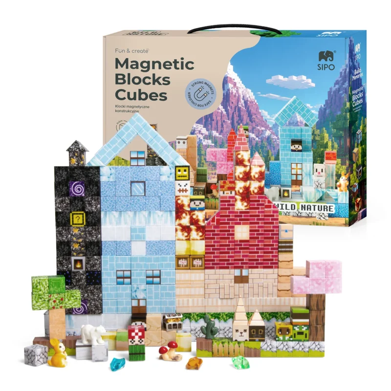 Klocki magnetyczne SIPO Cubes 3D Wild Nature, zestaw 258 elementów – budowla z drzewami, figurkami i opakowanie.